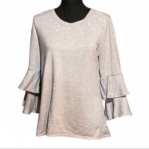 Baru Double Bell Sleeve Pearl Stud Casual Gray Top Women's M Medium